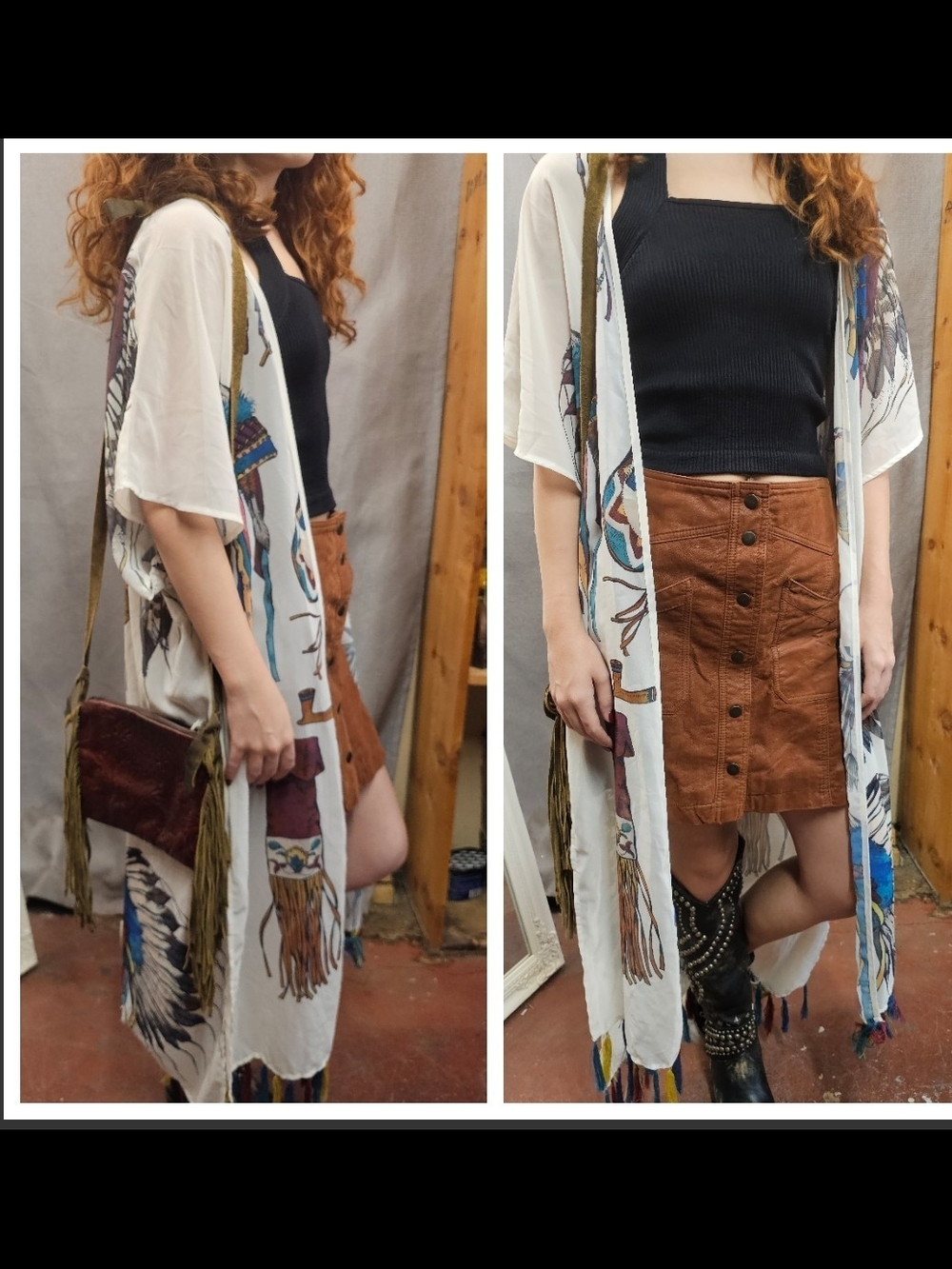 Double D Ranch Boho White Kimono Robe with Multicolored Native American Wear